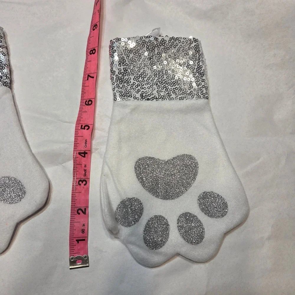 3-Pet StockingsSparkle Sequin Paw Print Mittens‎ White Silver Cute Holiday Gift